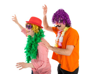 Man and Woman dressed in carnival costumes dancing a polonaise isolated on transparent background