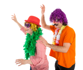 Man and Woman dressed in carnival costumes dancing a polonaise isolated on transparent background