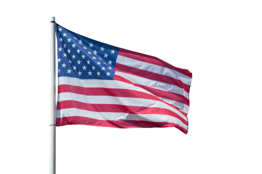 American flag Stars and Stripes blowing in the wind isolated on transparent background