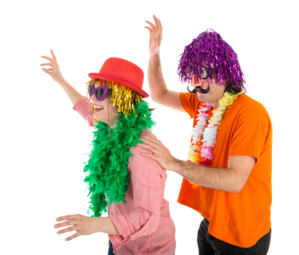 Man and Woman dressed in carnival costumes dancing a polonaise isolated on transparent background