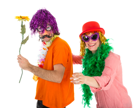 Man and Woman dressed in carnival costumes dancing a polonaise isolated on transparent background