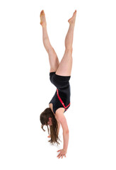 Young woman standing on hands during a gymnastics exercise. isolated on transparent background