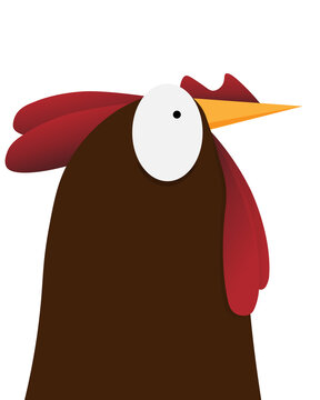 Illustration of a rooster up close. Cartoon image of a brown rooster