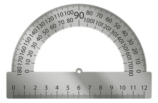Metal protractor. Geometry equipment. Realistic angle measurement