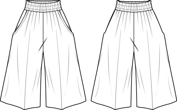 Women's Palazzo Flare Pants  Flat Sketch Fashion Illustration Front And Back View, Wide Leg Sailor Pant Design