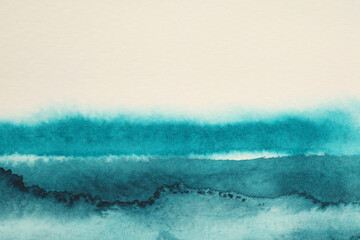Abstract modern wet watercolor and acrylic flow blot smear painting. Blue and beige color canvas...