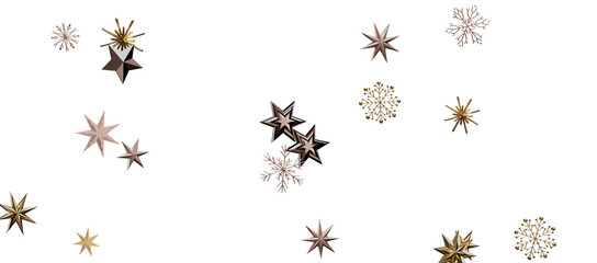 new year pattern. Christmas theme, golden openwork shiny snowflakes, star, 3D rendering.