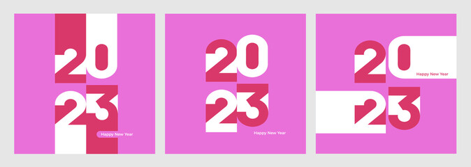 set of colorful typography concept posters for 2023 new year. Design templates with logo for year-end celebration and season decoration. Minimalist background for branding, banner, cover, card.