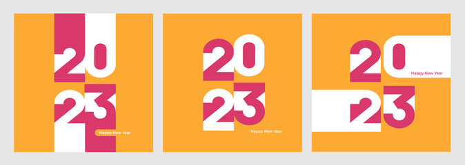 set of colorful typography concept posters for 2023 new year. Design templates with logo for year-end celebration and season decoration. Minimalist background for branding, banner, cover, card, backgr