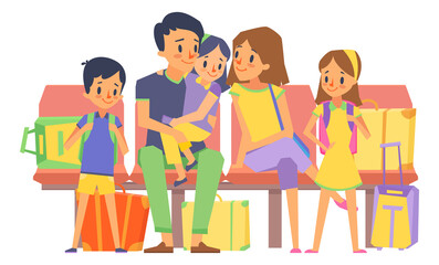 Parents and children with bags sitting on red seats. Family travel