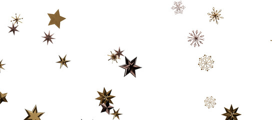 new year pattern. Christmas theme, golden openwork shiny snowflakes, star, 3D rendering.