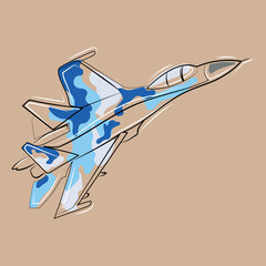 Jet fighter Sukhoi Su-27 vector illustration.Fighter aircraft flying in the sky line drawing in modern minmal art style,poster,print,logo,icon. - obrazy, fototapety, plakaty