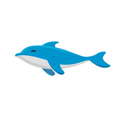 Funny dolphin undersea. Vector. Cute cartoon style. On a blue sea background. Underwater seascape. Mammal swimming under the surface of the water in the sea, fantasy illustration. Png, transparency.