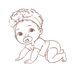 Cute little baby girl in diaper. Active baby of 3-12 months. First year baby development. Dark skin newborn crawling and smiling. Happy healthy baby African ethnic. Line vector illustration.