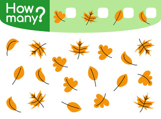 Counting game for preschool children vector illustration. Educational mathematical game. Count how many leaves by types and write the result. Flat cartoon style 