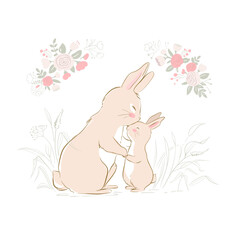 Vector illustration of the mother bunny and baby bunny. Mother hugs and kisses baby rabbit. Cute beige bunnies.