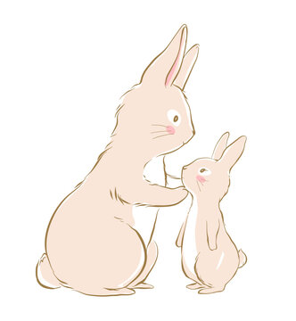 Vector illustration of the mother bunny and baby bunny. Mother hugs and kisses baby rabbit. Cute beige bunnies