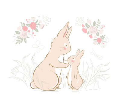 Vector illustration of the mother bunny and baby bunny. Mother and baby rabbits surrounded by rose flowers