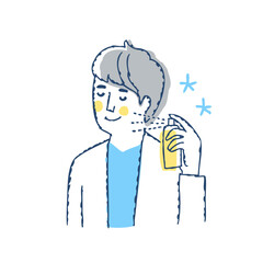 自分の首元にスプレーしている男性