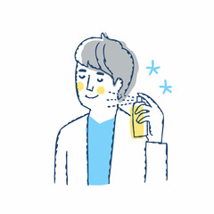 自分の首元にスプレーしている男性