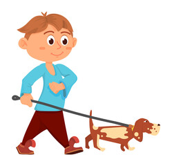 Fototapeta na wymiar Boy walking with dog. Pet on leash. Cartoon characters