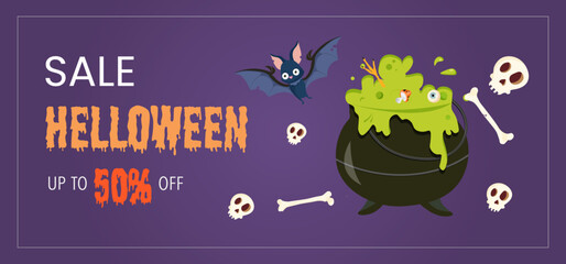 Happy Halloween promo sale flyer with Halloween elements. Cauldron with brewing potion, flying bats, spider. Starry night and full moon. Vector illustration for poster, banner, special offer.