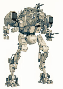 front combat machine standing up in a white background
