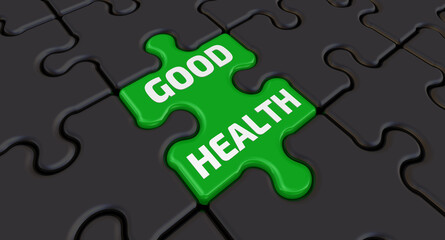 Fototapeta premium Good health. The text on the green puzzle. Folded black puzzles elements and one green with white text GOOD HEALTH. 3D illustration