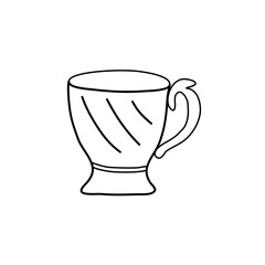 Old fashioned ceramic or porcelain tea cup, doodle style flat vector outline for kids coloring book