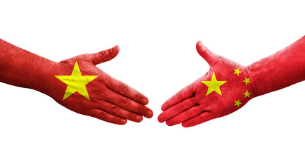 Handshake between China and Vietnam flags painted on hands, isolated transparent image.