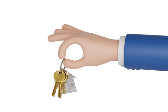 Cartoon hand holding a house shaped key ring. 3d illustration.
