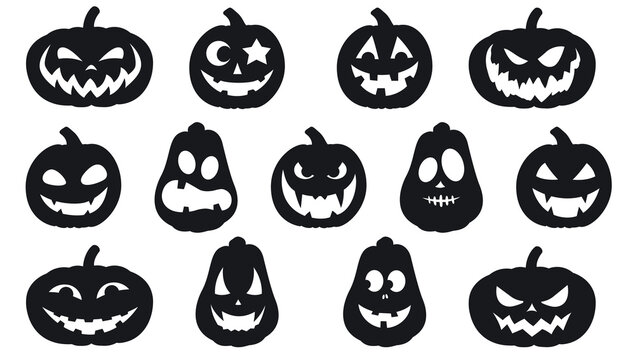 Collection of funny Halloween pumpkins silhouettes isolated on a white background. Vector illustration