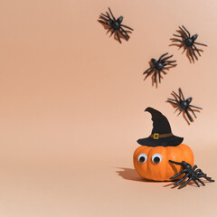 Not scary decoration for Halloween party - cute pumpkin head with eyes and good face. Pumpkin witch...