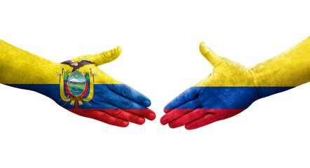 Handshake between Colombia and Ecuador flags painted on hands, isolated transparent image. - obrazy, fototapety, plakaty