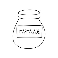 Glass jar with marmalade, doodle style flat vector outline for kids coloring book