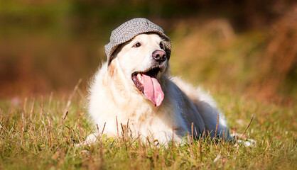 retriever dog in a hat on autumn grass