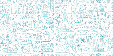Travel to Sochi, Russian City on Black Sea. Tourism Concept. Seamless Pattern Background for your design