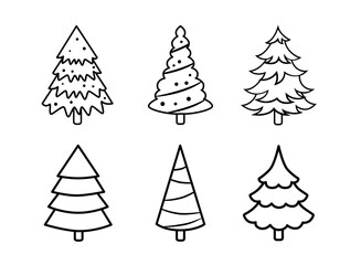 Fir tree black line icon set. Pine illustration isolated on white background. Outline simple vector drawing. Abstract fir tree illustration. Winter line icon