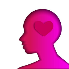 Human head shape on white background with heart inside. Symbol of love and emotions. Mental health, mind, intelligence concept