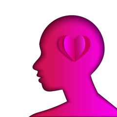 Human head shape on white background with hearts inside. Symbol of love and emotions. Mental health, mind, intelligence concept