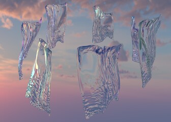 glass fabric bags floating in the sky at dusk
