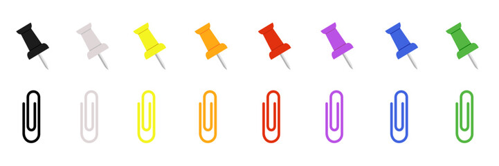 Set of colored paper clips and push pins, thumbtacks for notice attaching - stock vector	
