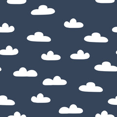 Seamless pattern with cartoon clouds on dark background. Hand drawn vector texture for wrapping paper, fabric print, kids textile, cover, card design
