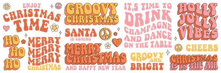 Groovy hippie Christmas stickers. Words, slogan, text about Christmas, new year, champagne, Santa, holly jolly vibes, ho ho ho in trendy retro 60s 70s stile style.
