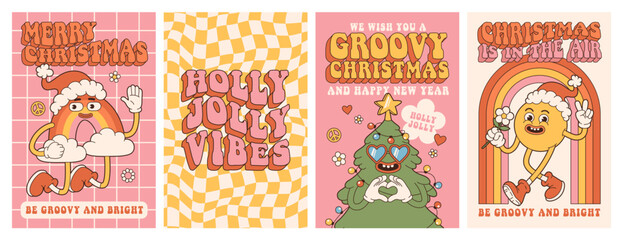 Groovy hippie Christmas. Rainbow, Christmas tree, smile, holly jolly vibes in trendy retro cartoon style. Happy New year greeting card, poster, template, print, party invitation, background.