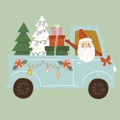 Christmas car with gifts and Santa Claus. Christmas trees. 
