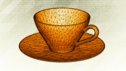 3D mesh of cup isolated on bright hi-tech background in binary cyberspace. 3D illustration.