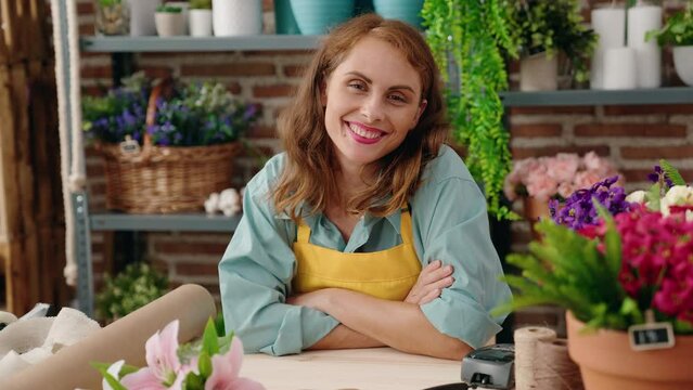 Young beautiful hispanic woman florist smiling confident sitting with arms crossed gesture at florist