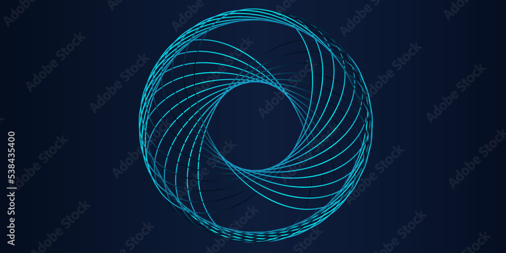 Poster Vector abstract circle frame with wavy rounded lines pattern flowing in blue green colors isolated on black background for concept of music, technology, ai