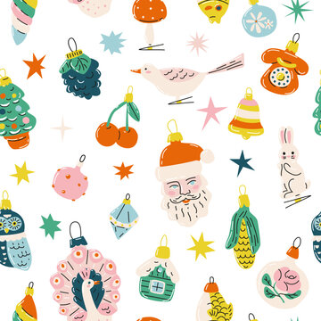 Seamless pattern with cute vintage Christmas ornaments